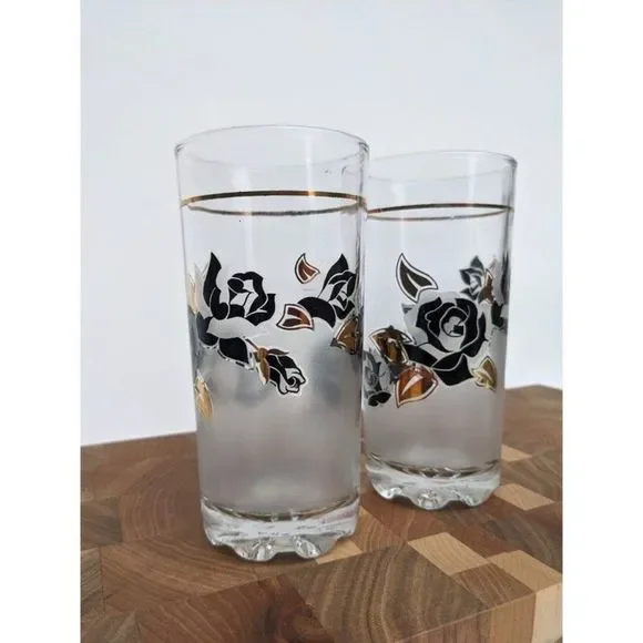 Vintage cocktail glass Black and Gold roses barware, Japanese Glassware set - Picture 3 of 7